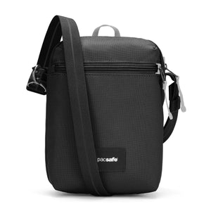 Black Pacsafe GO Anti-Theft Festival Crossbody bag with adjustable strap and secure zipper closure, designed for travel and concerts.