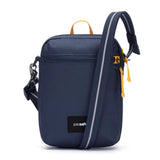 Pacsafe GO Anti-Theft Festival Crossbody bag in coastal blue with secure zippers and adjustable strap, designed for travel and festivals.