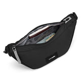 Pacsafe Go Anti Theft Lunar Crossbody bag in Jet Black with secure zipper and adjustable strap, designed for everyday use.