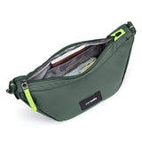Pacsafe Go Anti Theft Lunar Crossbody Bag in Spruce Green with adjustable strap and secure zippers, designed for everyday use.