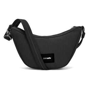 Pacsafe Go Anti Theft Lunar Crossbody bag in Jet Black, compact design with secure zippers and adjustable strap.