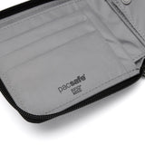 Pacsafe RFID blocking bifold wallet with multiple card slots and secure cash compartment, made of durable black leather.