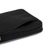 Pacsafe RFID blocking bifold wallet with multiple card slots and secure design, made of black leather for everyday use.