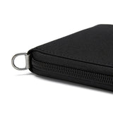 Pacsafe RFID blocking bifold wallet with multiple card slots and secure design, made from durable black leather.