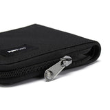 Pacsafe RFID blocking bifold wallet with multiple card slots and secure design, made of black leather for men or women.