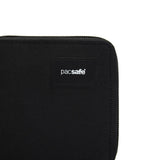 Pacsafe RFID blocking bi-fold wallet with multiple card slots and sleek black leather design.