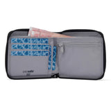 Pacsafe RFID blocking bifold wallet with multiple card slots and secure coin pocket, made of durable black leather.