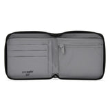 Pacsafe RFID blocking bifold wallet with multiple card slots and secure design, made from durable black material.