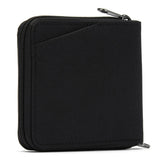 Pacsafe RFID blocking bifold wallet with multiple card slots and secure cash compartments, black leather design.