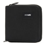 Pacsafe RFID blocking bifold wallet with multiple card slots and secure cash compartment, made of durable material for everyday use.