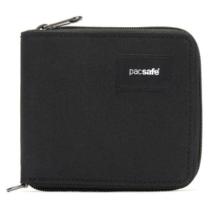 Pacsafe RFID blocking bifold wallet with multiple card slots and secure design, made from durable material.