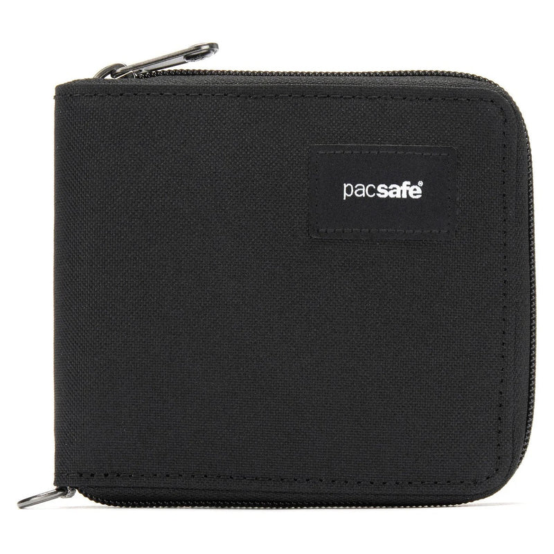Pacsafe RFID blocking bifold wallet with multiple card slots and secure design, made from durable material.
