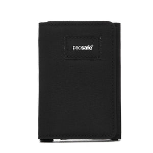 Pacsafe RFIDsafe RFID blocking trifold wallet with multiple card slots and secure cash compartment, black leather finish.