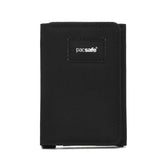 Pacsafe RFIDsafe RFID blocking trifold wallet with multiple card slots and secure cash compartment, black leather finish.