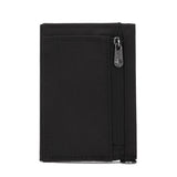 Pacsafe RFIDsafe RFID blocking trifold wallet with multiple card slots and secure design, shown open with cards inside.