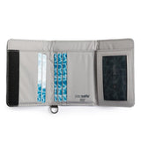 Pacsafe RFIDsafe™ RFID blocking trifold wallet with multiple card slots and secure compartments, black leather finish.
