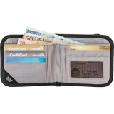 Pacsafe RFIDsafe V100 RFID blocking bifold wallet with multiple card slots and secure design, shown open with cards inside.