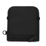 Pacsafe RFIDsafe V100 RFID blocking bifold wallet with multiple card slots and secure cash compartment displayed open.