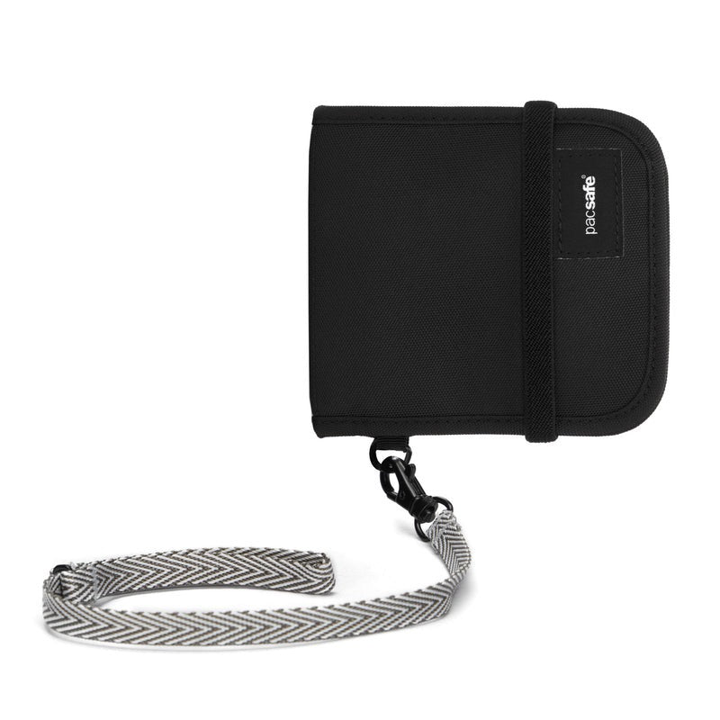 Pacsafe RFIDsafe V100 RFID blocking bifold wallet with sleek black leather finish and multiple card slots.