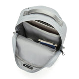 Pacsafe anti-theft 20L city backpack in digital gray with secure zippers and padded straps, ideal for urban commuting and travel.