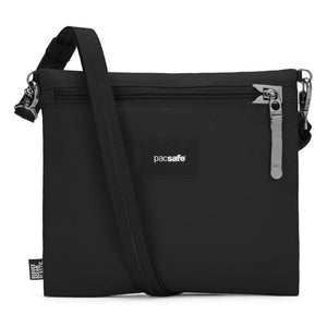 Pacsafe Go anti-theft crossbody pouch in black with adjustable strap, compact design, and security features for travel.