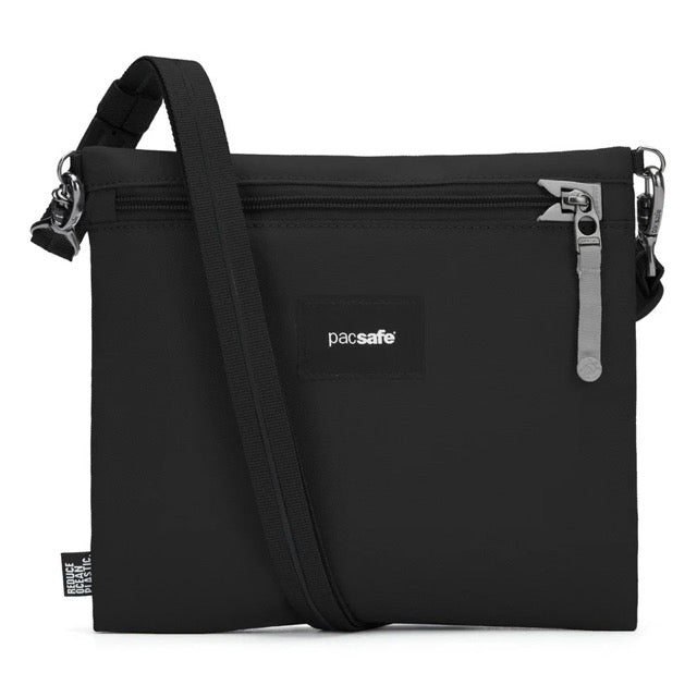 Pacsafe Go anti-theft crossbody pouch in black with adjustable strap, compact design, and security features for travel.