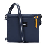 Pacsafe Go Anti-Theft Crossbody Pouch in black, showing compact design with adjustable strap and secure zipper closure.
