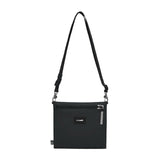 Pacsafe Go Anti-Theft Crossbody Pouch in black, compact design with adjustable strap and secure zippers for travel safety.