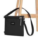 Pacsafe Go Anti-Theft Crossbody Pouch in black, featuring secure zipper and adjustable strap for travel safety and convenience.