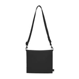 Pacsafe Go anti-theft crossbody pouch in black fabric with adjustable strap, designed for secure carrying of personal items.