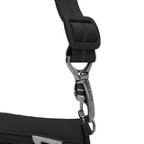 Pacsafe Go anti-theft crossbody pouch in black fabric with zipper closure and adjustable strap, designed for secure carrying.