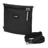 Pacsafe Go Anti-Theft Crossbody Pouch in black, showing a compact secure travel bag with adjustable strap and multiple compartments.