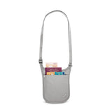 Grey Pacsafe Coversafe V75 RFID blocking neck pouch with secure zipper and adjustable strap, designed for safe travel and card protection.