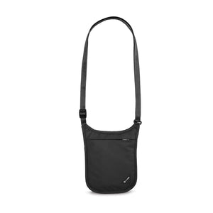 Pacsafe Coversafe V75 RFID blocking neck pouch with secure zip closure and adjustable strap, designed for travel security.
