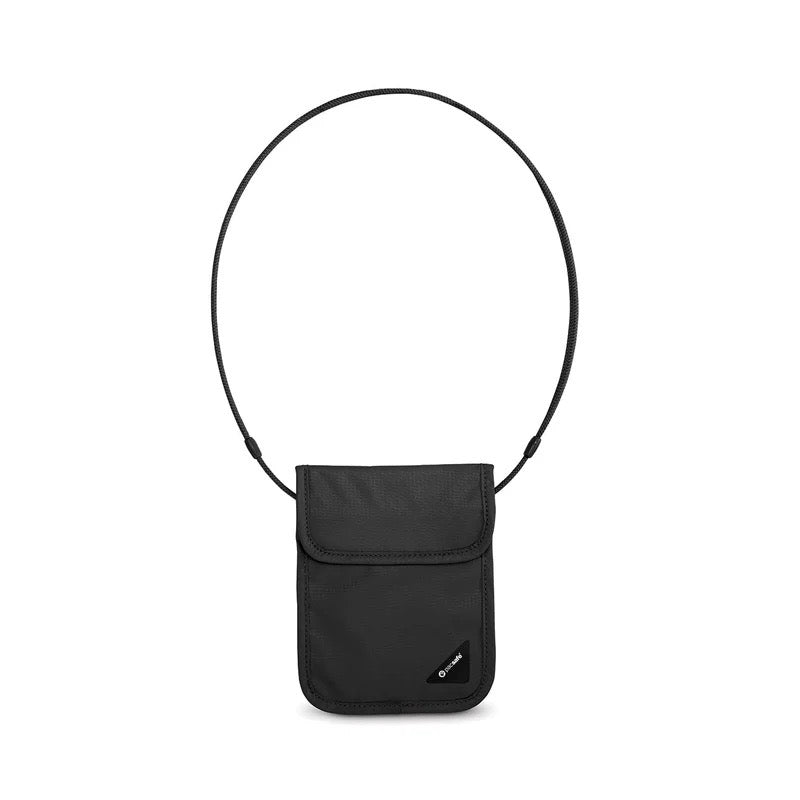 Pacsafe Coversafe X75 RFID blocking security neck pouch with adjustable strap and secure zippered compartments for travel safety.