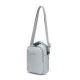 Pacsafe V Anti-theft Companion Crossbody bag with secure zipper and adjustable strap, black nylon material, and compact design.