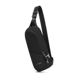 Black Pacsafe V Anti-Theft Action Sling Pack with adjustable strap and multiple compartments, designed for secure everyday carry.