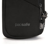 Black Pacsafe V Anti-Theft Action Sling Pack, compact crossbody sling bag with secure zippers and padded strap for travel.