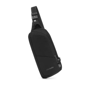 Pacsafe V Anti-Theft Action Sling Pack in black, featuring secure zippers and adjustable strap for daily carry or travel.