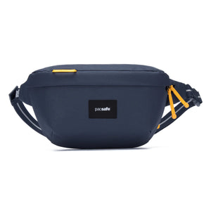 Pacsafe GO anti-theft sling pack in coastal blue with multiple compartments and adjustable strap, designed for secure daily use.