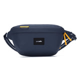 Pacsafe GO anti-theft sling pack in coastal blue with multiple compartments and adjustable strap, designed for secure daily use.