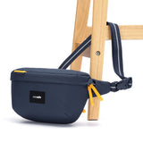 Pacsafe GO anti-theft sling pack in coastal blue with secure zippers and compact design, suitable for everyday carry.