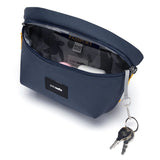 Pacsafe GO anti-theft sling pack in coastal blue, compact design with adjustable strap and secure zipper closures.