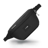 Pacsafe GO anti-theft sling pack in jet black, compact sling bag with secure zippers and adjustable strap for everyday use.