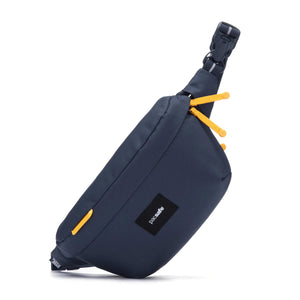 Pacsafe GO Anti-Theft Sling Pack in coastal blue, compact sling bag with secure zippers and adjustable strap for travel and daily use.