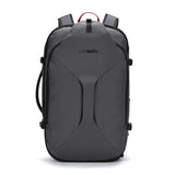 Pacsafe EXP45 anti-theft travel backpack in slate color with multiple compartments and secure zippers for carry-on travel.