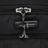 Black Pacsafe EXP45 anti-theft travel backpack with padded straps and multiple compartments for secure carry-on travel.