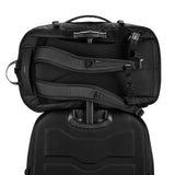 Black Pacsafe EXP45 anti-theft travel backpack with padded straps and multiple compartments for secure carry-on travel.