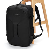 Black Pacsafe EXP45 anti-theft travel backpack with multiple compartments and padded straps for carry-on travel.