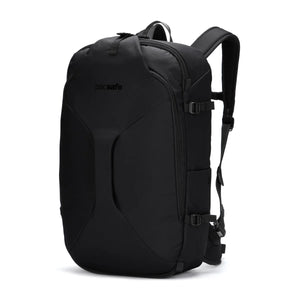 Pacsafe EXP45 anti-theft travel backpack in black with multiple compartments and padded shoulder straps for secure carry-on travel.